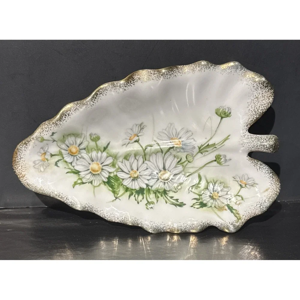 Royal Crown Daisy Bouquet Green White Gold Hand Painted Leaf‎ Dish #3191